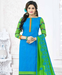 Blue Slub Cotton Printed Chudidhar Suits