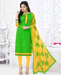 Green Slub Cotton Printed Chudidhar Suits
