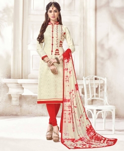 Off White Cotton Jacquard Printed Chudidhar Suits