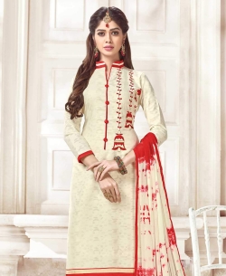 Off White Cotton Jacquard Printed Chudidhar Suits