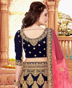 Navy Blue Velvet Embroidery A Line Lehengas