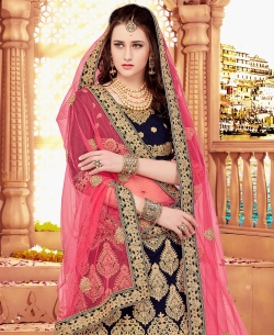 Navy Blue Velvet Embroidery A Line Lehengas