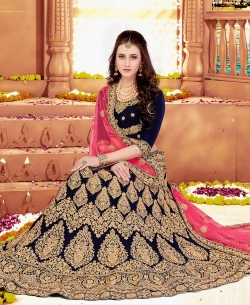 Navy Blue Velvet Embroidery A Line Lehengas