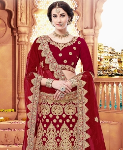 Maroon Velvet Embroidery A Line Lehengas
