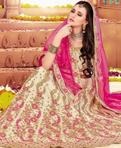 Beige Naylon Satin Embroidery A Line Lehengas