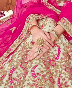 Beige Naylon Satin Embroidery A Line Lehengas