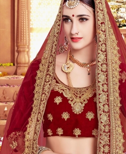 Maroon Velvet Embroidery A Line Lehengas