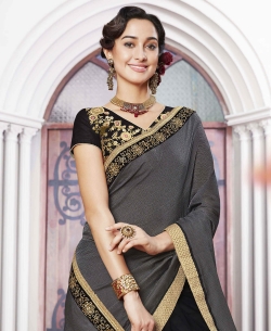 Grey Knitted Self Jacquard Embroidery Designer Sarees