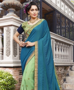Teal Blue Jacquard Smoke Embroidery Designer Sarees