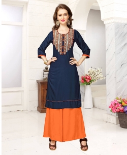 Navy Blue Rayon Embroidery Straight Cut Kurtis