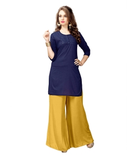 Navy Blue Cotton Embroidery Straight Cut Kurtis