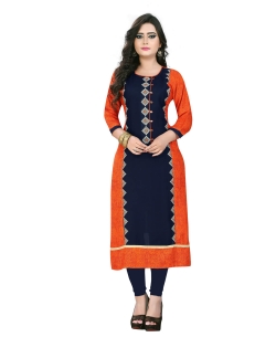 Orange Rayon Embroidery Straight Cut Kurtis