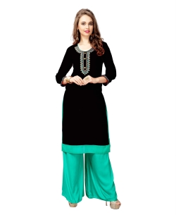 Black Slub Cotton Embroidery Straight Cut Kurtis