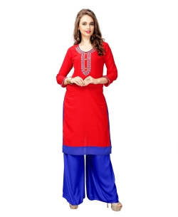Red Slub Cotton Embroidery Straight Cut Kurtis