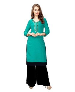 Green Slub Cotton Embroidery Straight Cut Kurtis