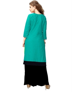 Green Slub Cotton Embroidery Straight Cut Kurtis