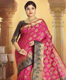Pink Art Silk Tussar Floral Design Traditional Sarees