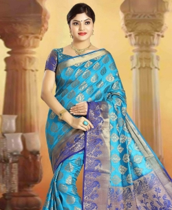 Royal Blue Art Silk Tussar Floral Design Traditional Sarees