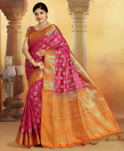 Pink Art Silk Tussar Floral Design Traditional Sarees