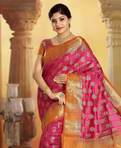 Pink Art Silk Tussar Floral Design Traditional Sarees