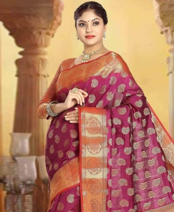 Magenta Art Silk Tussar Floral Design Traditional Sarees