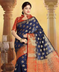 Navy Blue Art Silk Tussar Floral Design Traditional Sarees