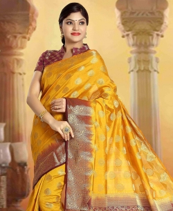 Yellow Art Silk Tussar Floral Design Traditional Sarees