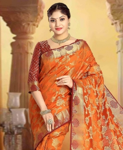 Orange Art Silk Tussar Floral Design Traditional Sarees