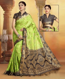 Neon Green Art Silk Tussar Floral Design Traditional Sarees