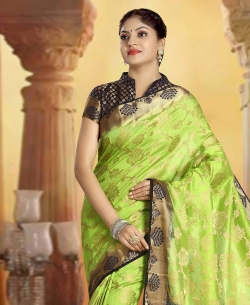 Neon Green Art Silk Tussar Floral Design Traditional Sarees