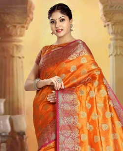 Orange Art Silk Tussar Floral Design Traditional Sarees