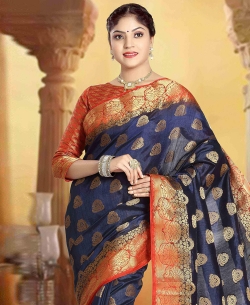 Navy Blue Art Silk Tussar Floral Design Traditional Sarees