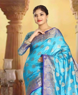 Royal Blue Art Silk Tussar Floral Design Traditional Sarees