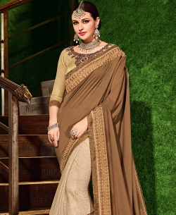 Brown Jacquard Border Work Half And Half Sarees