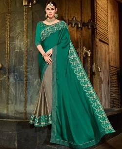 Green Georgette Border Work Half And Half Sarees
