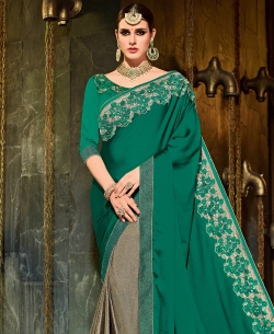 Green Georgette Border Work Half And Half Sarees