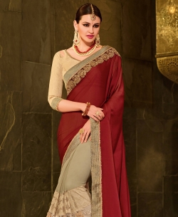 Maroon Georgette Border Work Half And Half Sarees