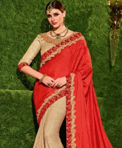Orange Lycra Border Work Half And Half Sarees

