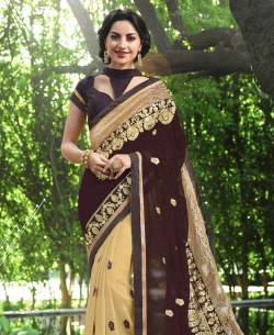 Brown Georgette Stone Work Half And Half Sarees

