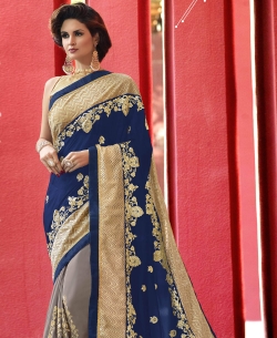 Blue Georgette Stone Work Half And Half Sarees
