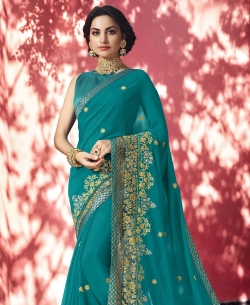 Teal Blue Georgette Stone Work Border Sarees
