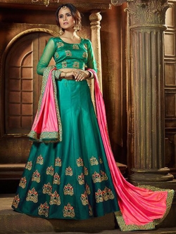 Green Satin Zardosi A Line Lehengas