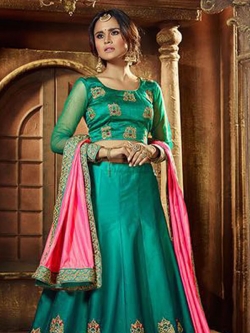 Green Satin Zardosi A Line Lehengas
