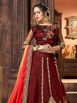 Brown Raw Silk Zardosi A Line Lehengas