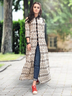 Beige Rayon Printed Anarkali Kurtis