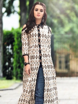Beige Rayon Printed Anarkali Kurtis