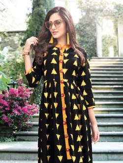 Black Rayon Printed Anarkali Kurtis