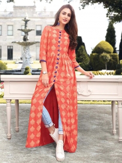 Orange Rayon Printed Anarkali Kurtis