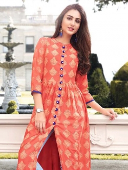 Orange Rayon Printed Anarkali Kurtis