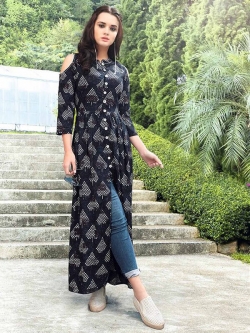 Black Rayon Printed Anarkali Kurtis
